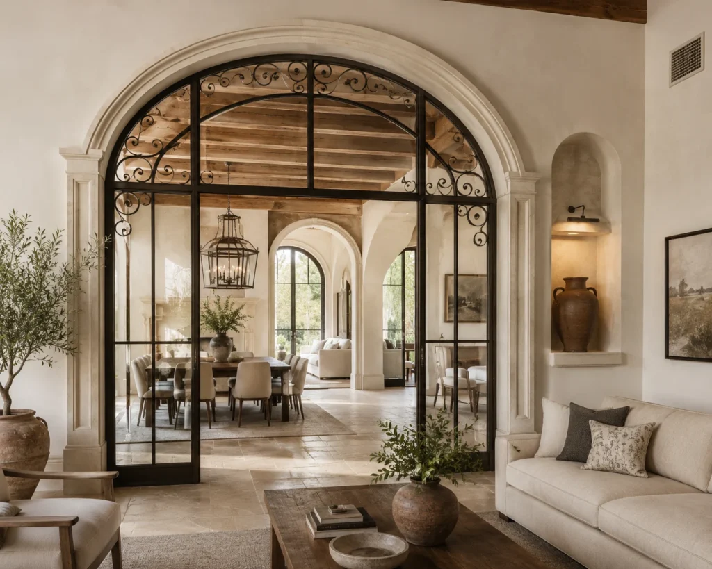 Large architectural archway framing the transition between a living room and dining area.