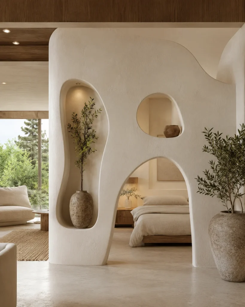 Sculptural modern organic divider with rounded forms and softly textured plaster finish.