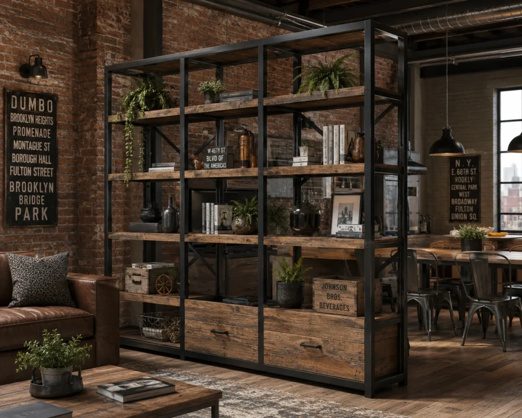 Industrial loft divider combining dark steel framing and reclaimed-look wood panels.