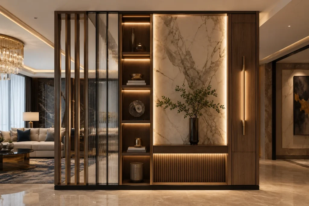 Luxury hotel-inspired room divider combining walnut, stone-look surfaces, glass, and soft lighting.