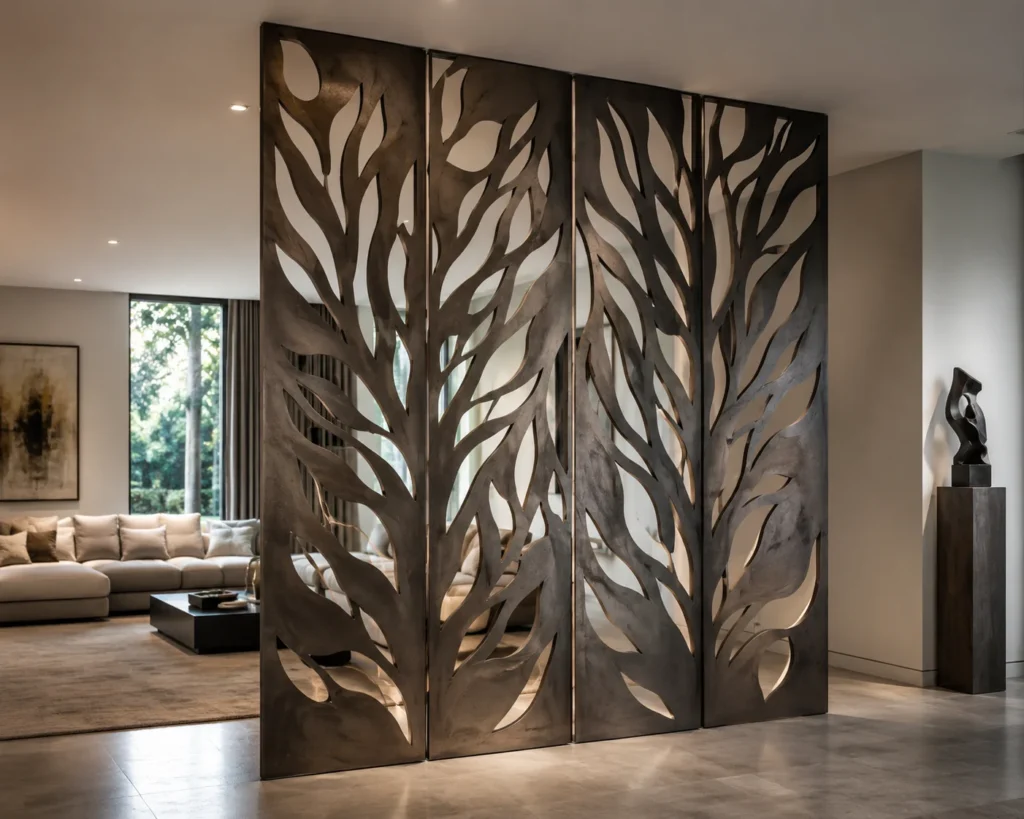 Sculptural metal room divider with custom-cut organic patterns and a dark metallic finish.