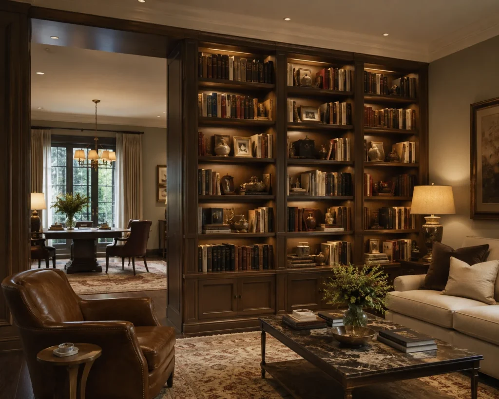 Floor-to-ceiling library wall divider with bookshelves, wood finishes, and closed base cabinets.