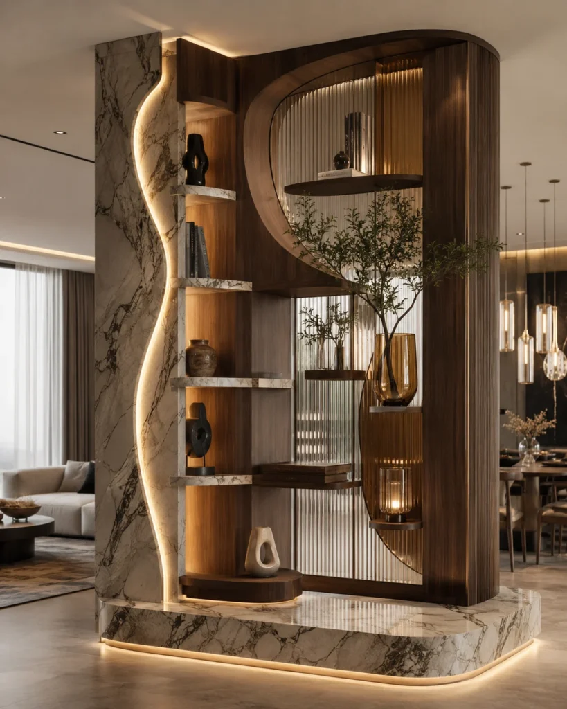 Custom statement room divider with sculptural wood, display shelving, cabinets, and integrated lighting.