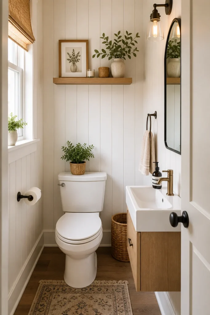 Compact toilet room featuring painted vertical shiplap wall paneling