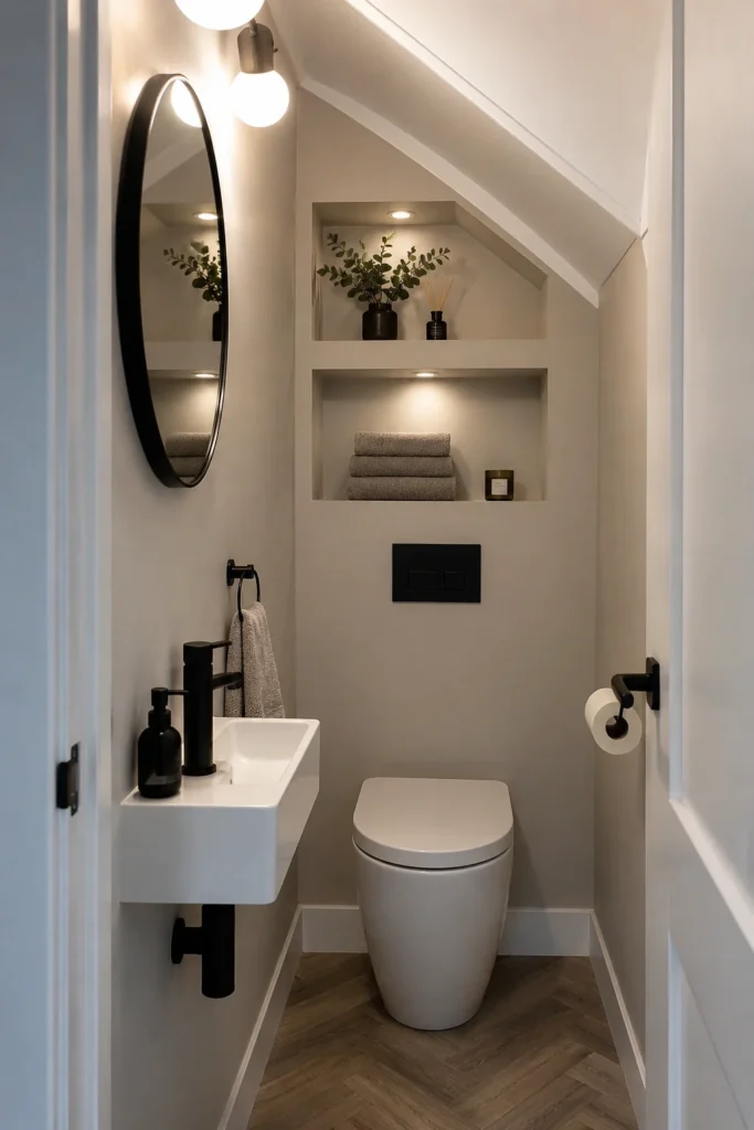 Under stairs toilet featuring recessed wall storage for bathroom essentials
