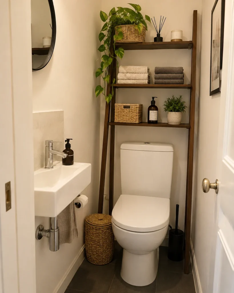 Narrow bathroom ladder shelf holding folded towels baskets and accessories