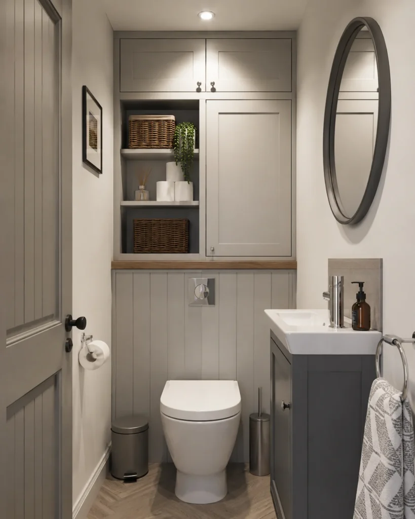 Compact toilet room with fitted storage cabinetry above and around toilet