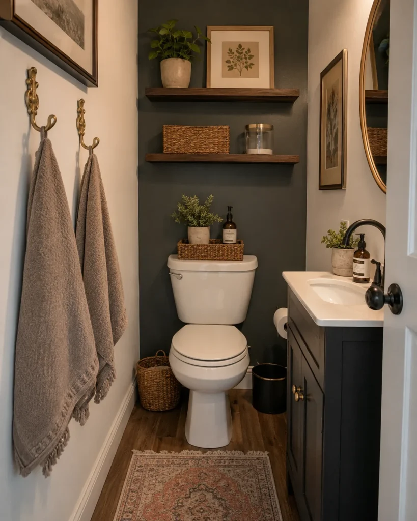 Decorative bathroom wall hooks holding hand towels in small toilet room