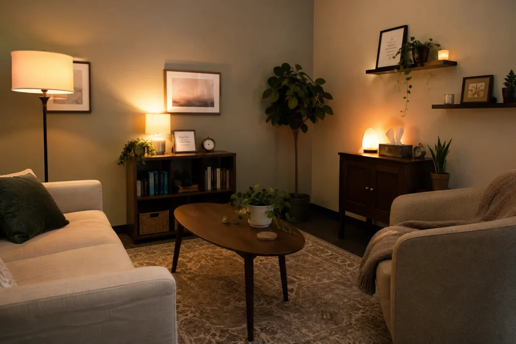 Therapy office with layered warm lighting, comfortable armchairs, table lamps, and soft ambient illumination.