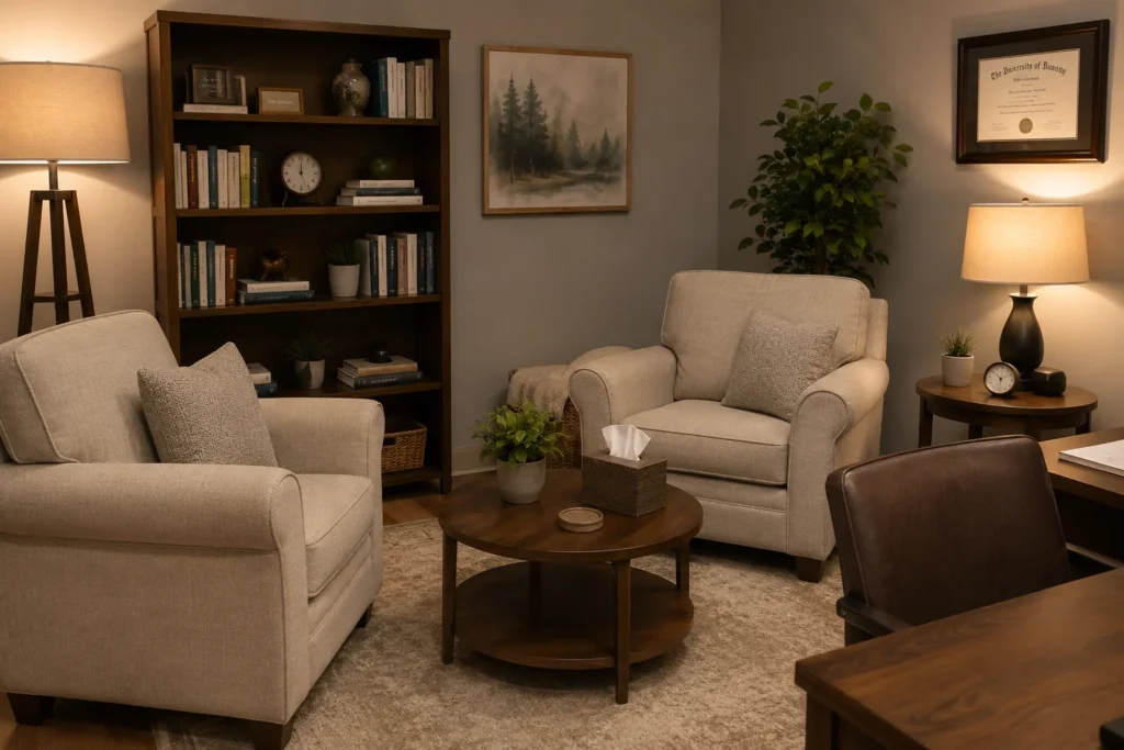Counseling office with supportive upholstered armchairs arranged for comfortable conversation.