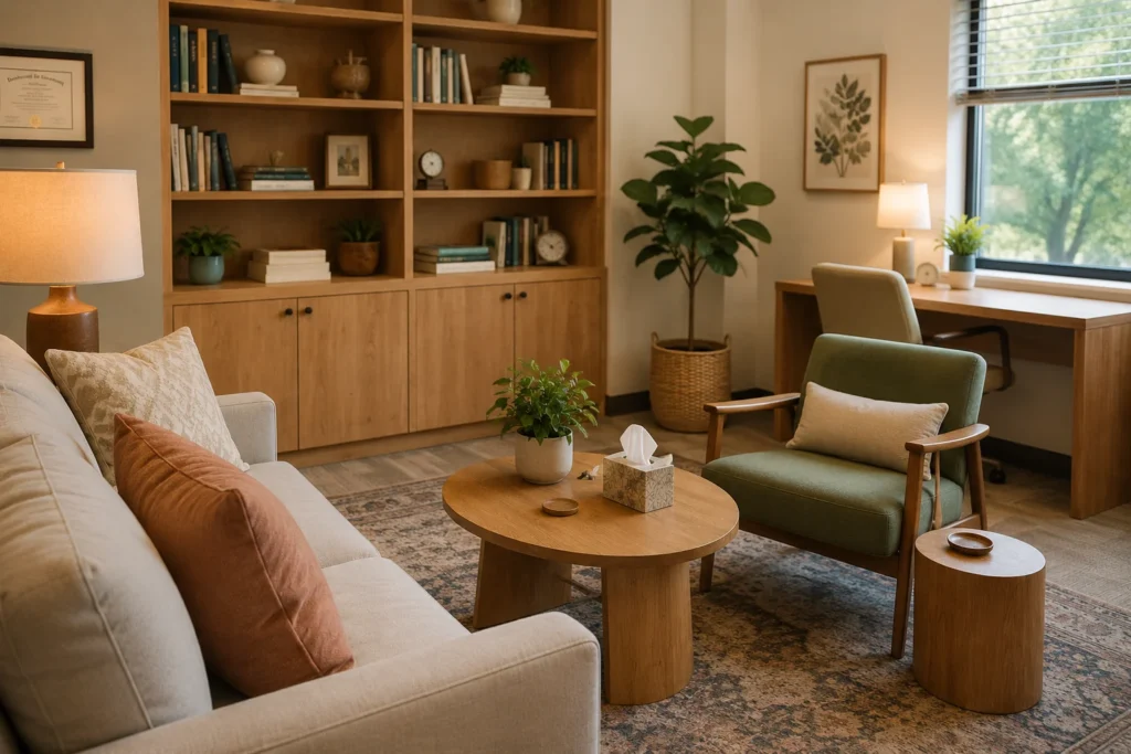 Therapy office with natural wood bookshelves, side tables, framed artwork, and upholstered seating.