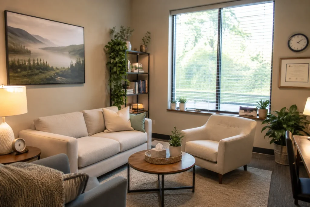 Welcoming therapy office with leafy indoor plants beside comfortable seating and wooden furniture.