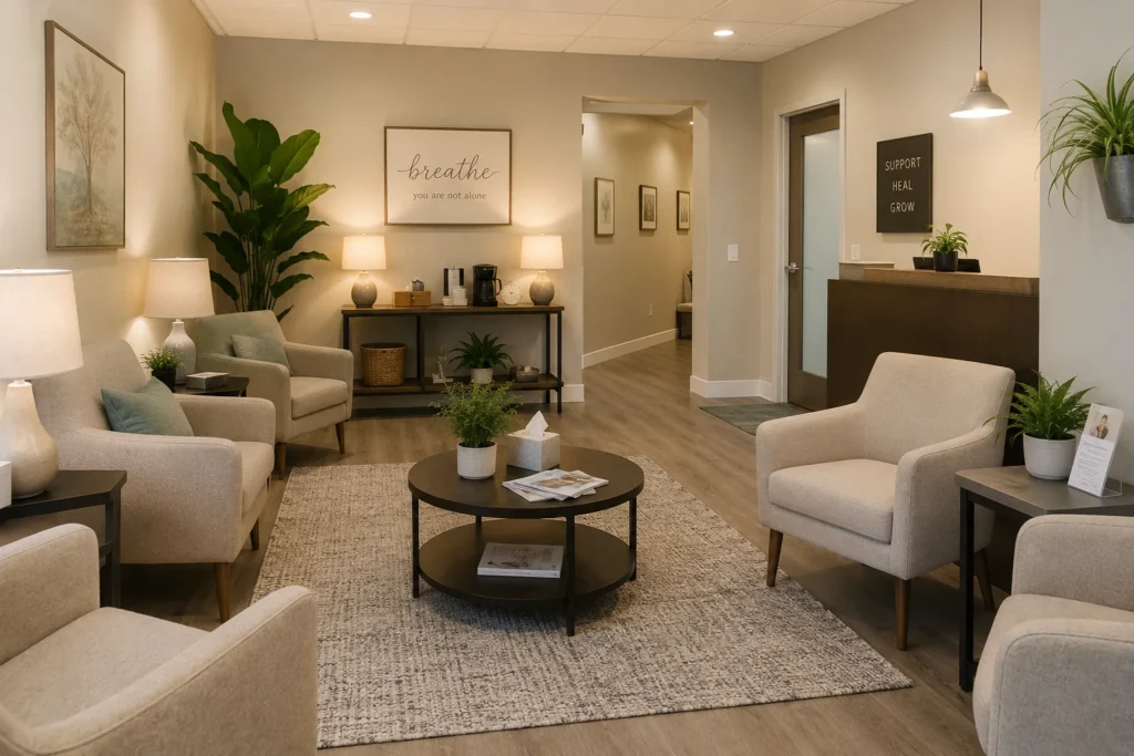 Cozy therapy office waiting area with upholstered chairs, soft lighting, plants, and a small table.