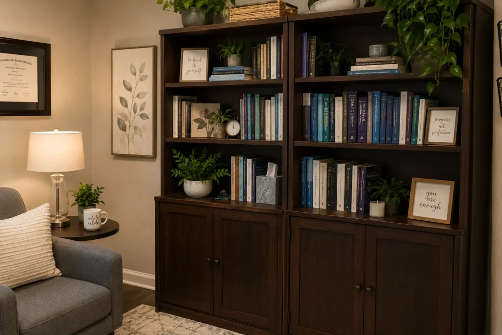 Therapy office bookshelf with neatly arranged books, decorative ceramics, plants, and storage baskets.