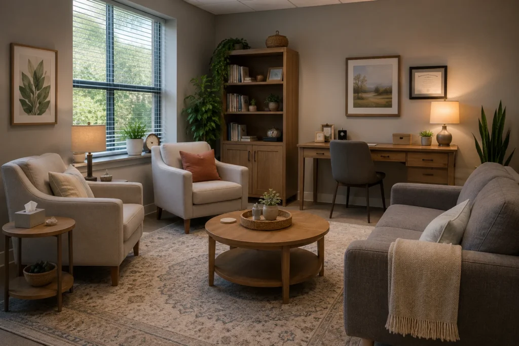 Therapy office seating area defined by a low-pile patterned rug beneath upholstered chairs.