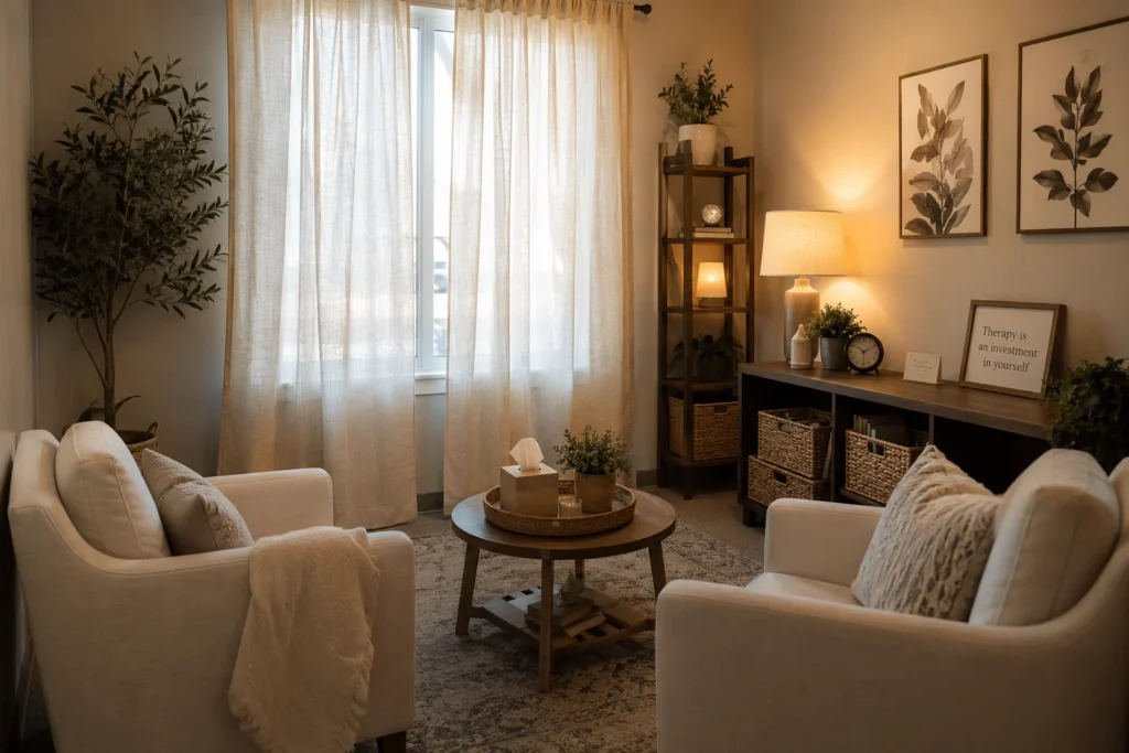 Comfortable counseling office with linen curtains, textured pillows, woven baskets, and soft upholstery.