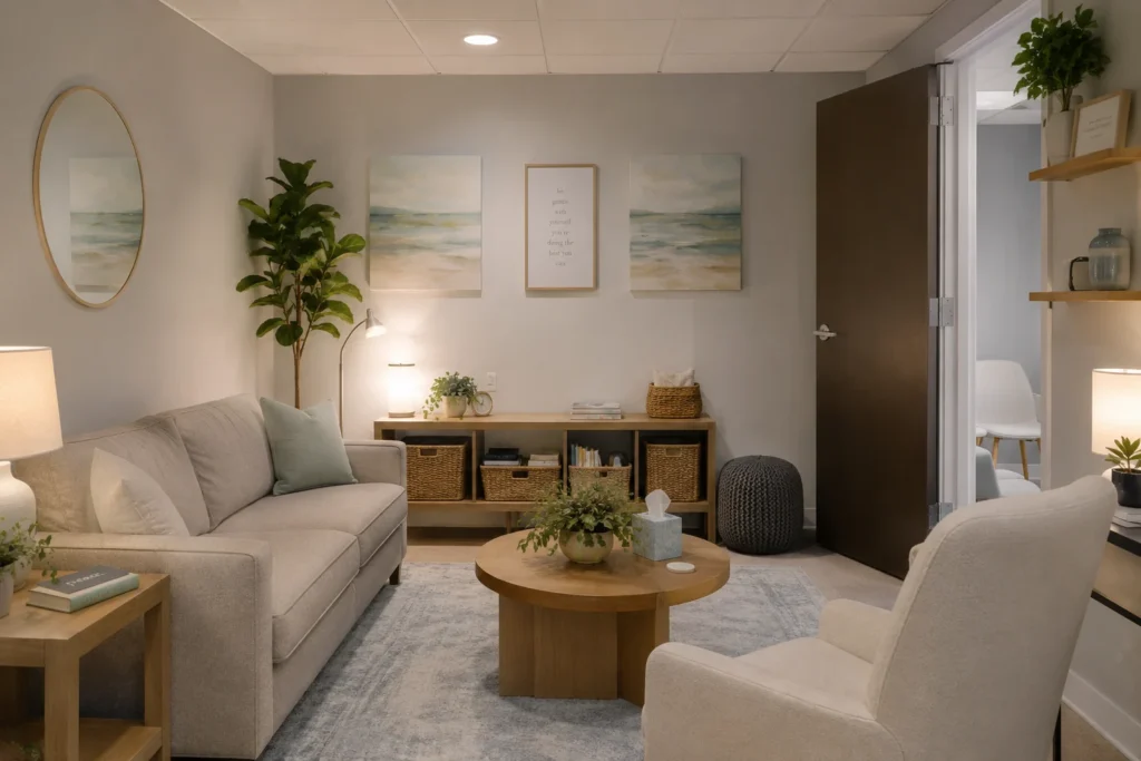 Sensory-friendly therapy office with adjustable lighting, acoustic panels, soft furnishings, and minimal clutter.