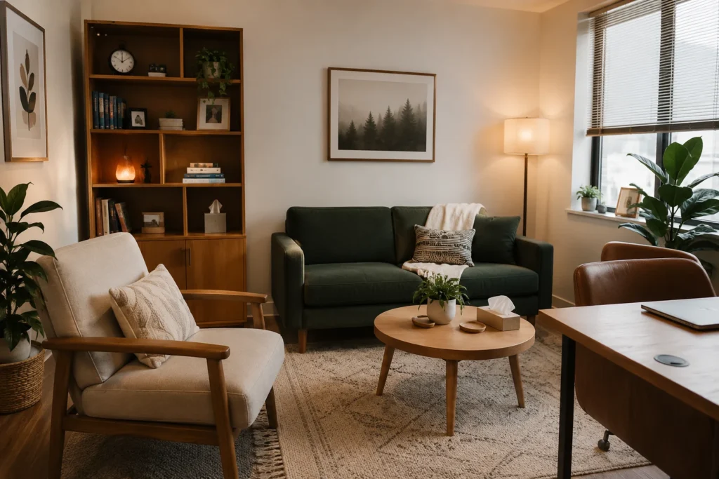 Cozy minimalist therapy office with simple furniture, natural wood, neutral textiles, and understated artwork.