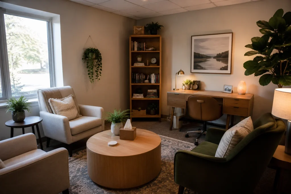 Private practice therapy office with cohesive furniture, comfortable seating, natural materials, and refined decor.