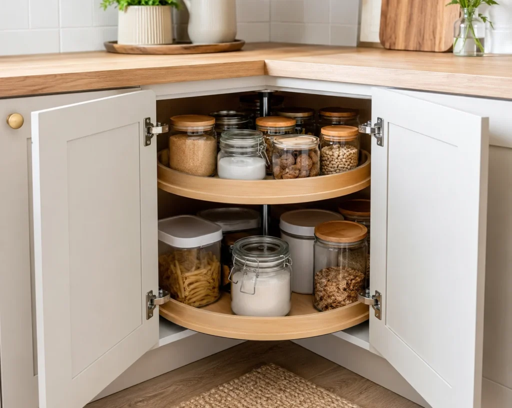 A kitchen corner cabinet fitted with a full-circle two-tier Lazy Susan holding neatly arranged jars and kitchen essentials.