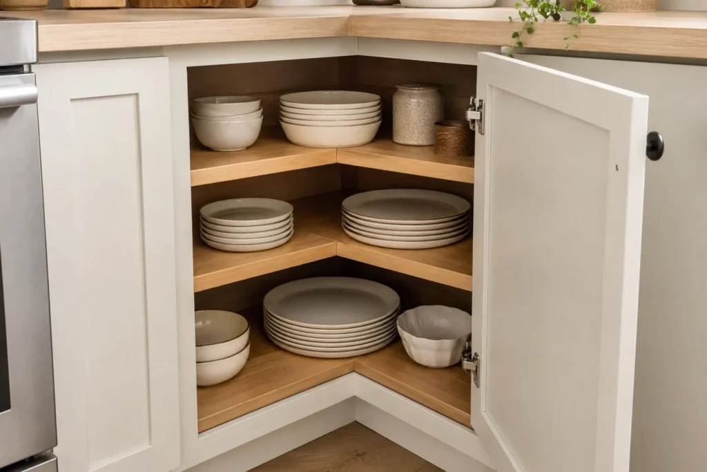Stationary pie-cut shelves inside a corner kitchen cabinet holding neatly arranged bowls and cookware.