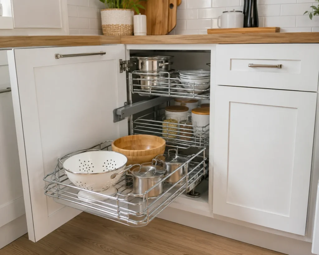 A blind corner kitchen cabinet with a wire pull-out basket system revealing previously hidden storage.