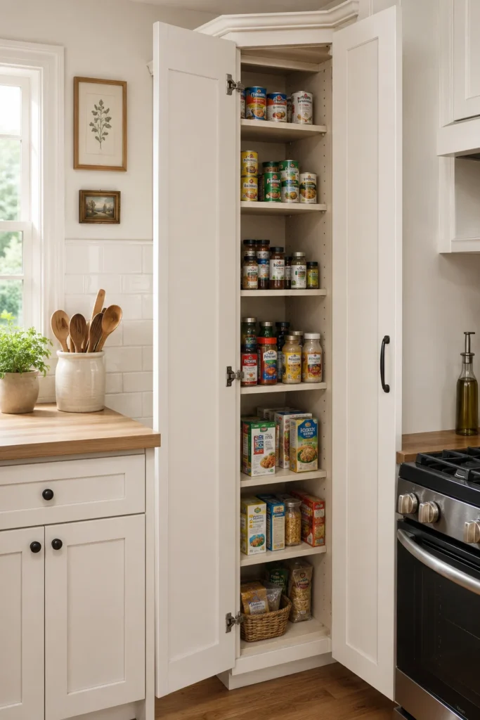 A tall corner pantry cabinet with adjustable shelves, organized cans, jars, and boxed pantry staples.