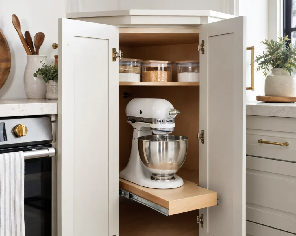 A corner appliance cabinet with a small appliance on a suitable pull-out shelf and clear surrounding countertop space.