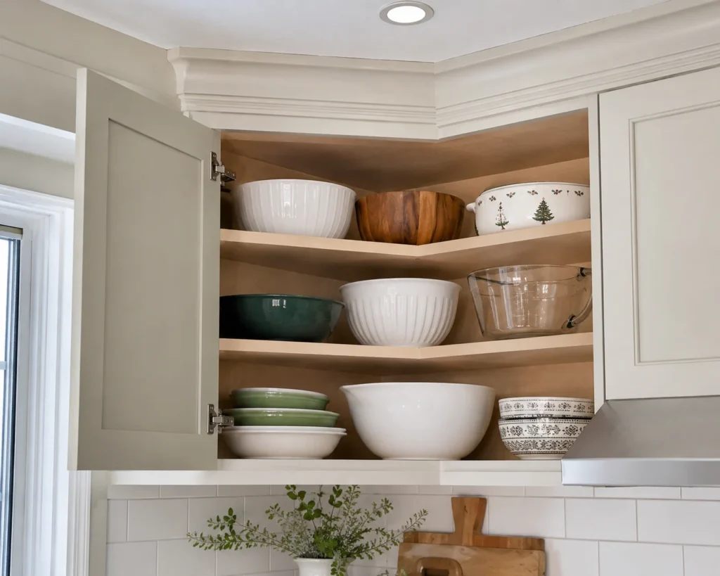 An upper corner kitchen cabinet storing lightweight serving bowls, occasional-use dishes, and decorative vases.