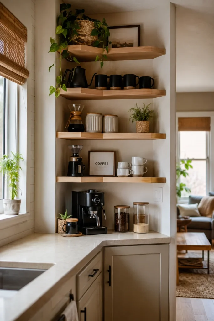 Open vertical corner shelves arranged as a compact coffee or baking station with mugs, containers, and everyday accessories.