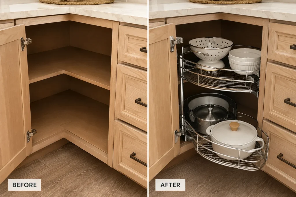 An older corner kitchen cabinet upgraded with a compatible pull-out basket organizer without replacing the cabinet box.