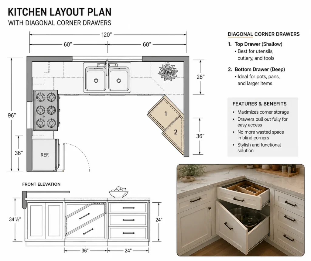 A planned kitchen corner with coordinated cabinetry, accessible storage, and sufficient clearance for adjacent drawers and doors.
