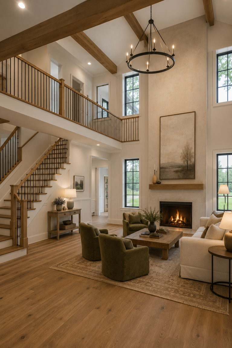 16 Farmhouse Interior Design Ideas With Staircases and Great Rooms