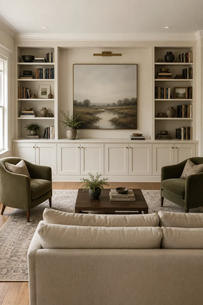 Warm-white built-in living room bookshelves framing a large landscape painting above closed storage cabinets.