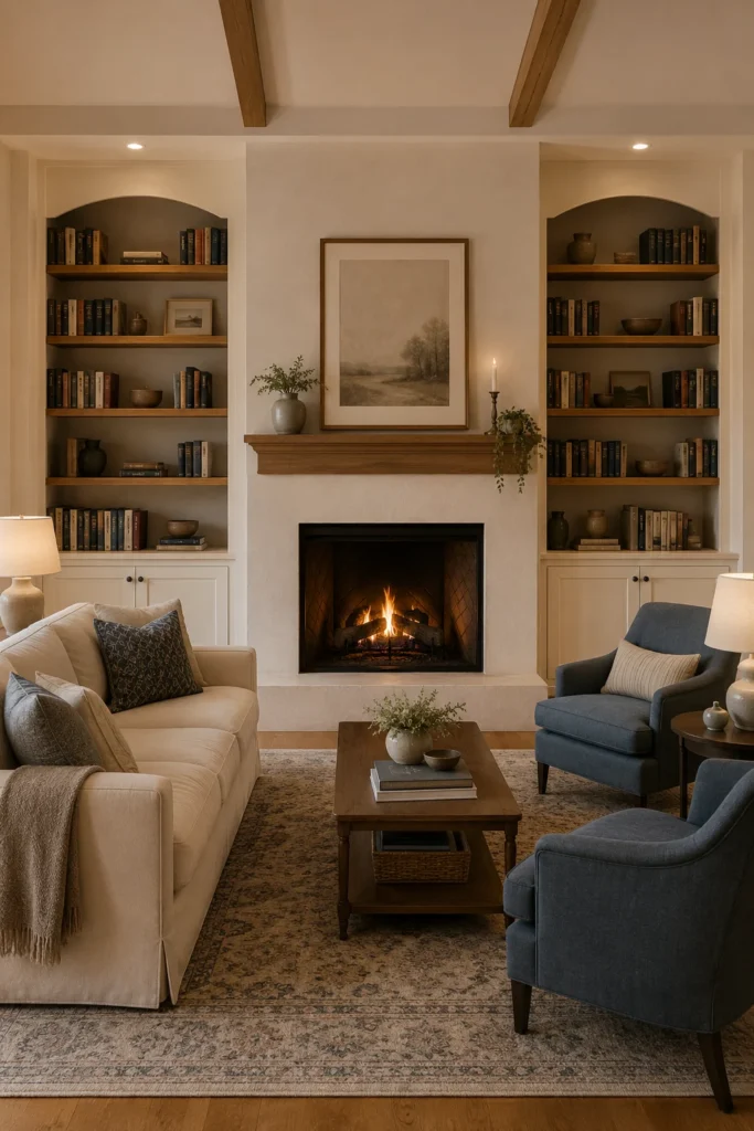 Symmetrical built-in bookshelves and closed cabinets arranged on both sides of a central living room fireplace.
