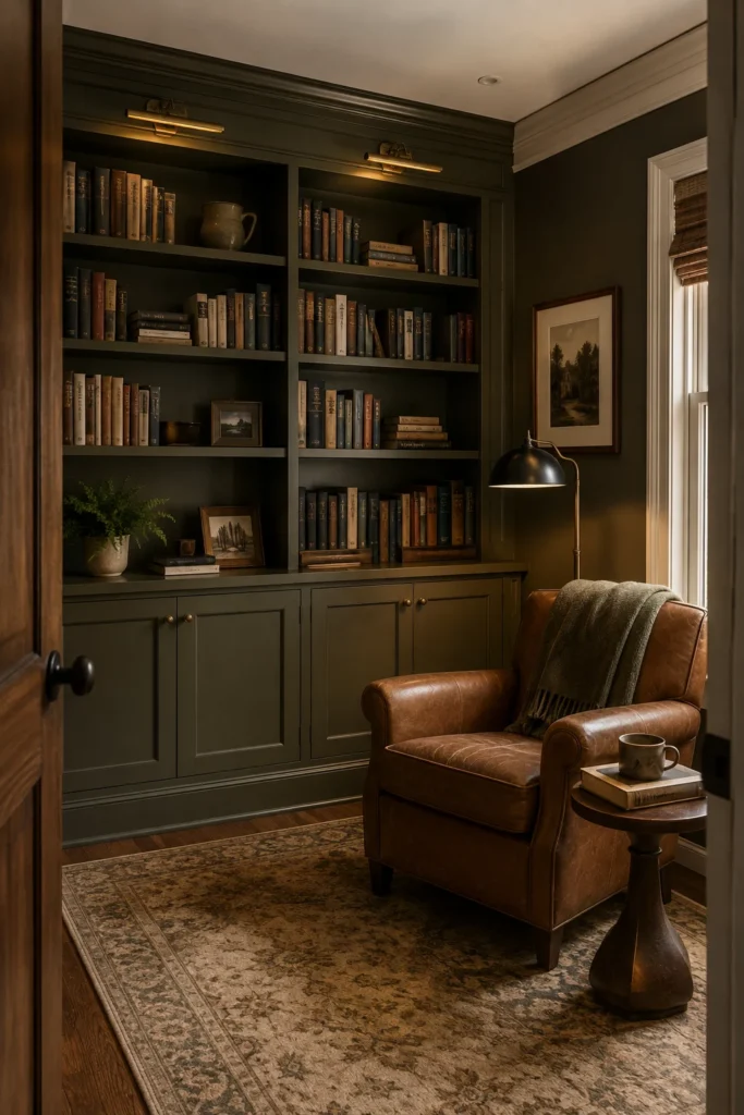 Deep olive built-in library wall with open bookshelves and closed lower cabinets in a cozy den.