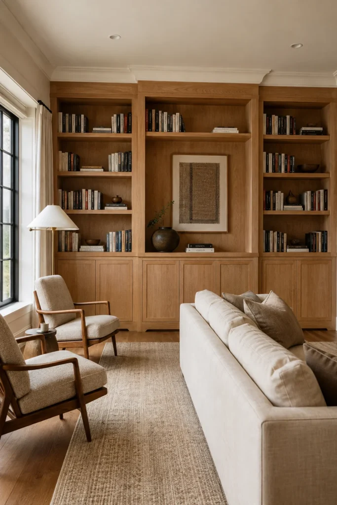 Floor-to-ceiling natural oak living room library wall with a wide central book bay and lower storage cabinets.
