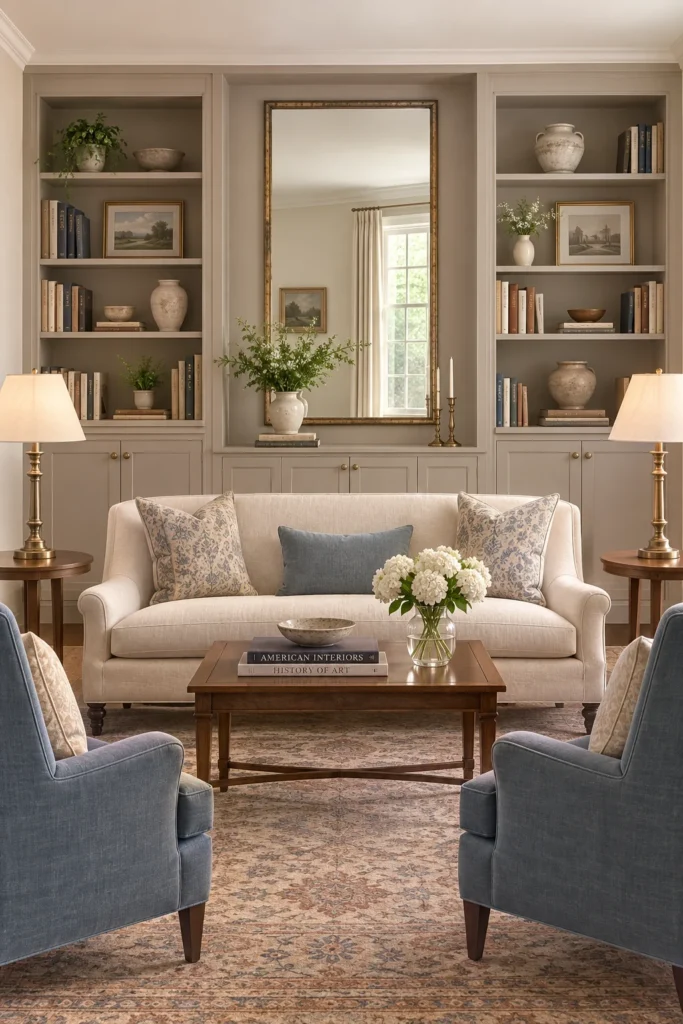 Mushroom-colored built-in living room cabinets and bookshelves surrounding a large antique-style mirror.