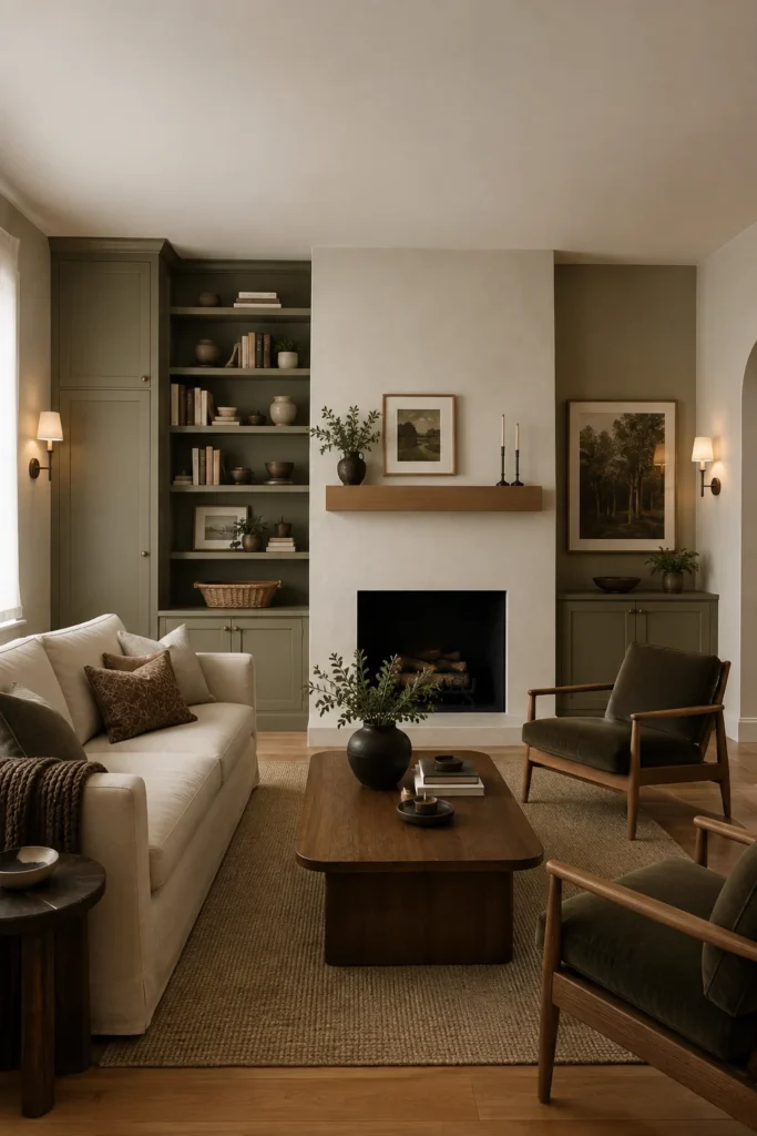Asymmetrical fireplace built-ins with a tall cabinet tower and open shelving on one side and lower cabinetry on the other.