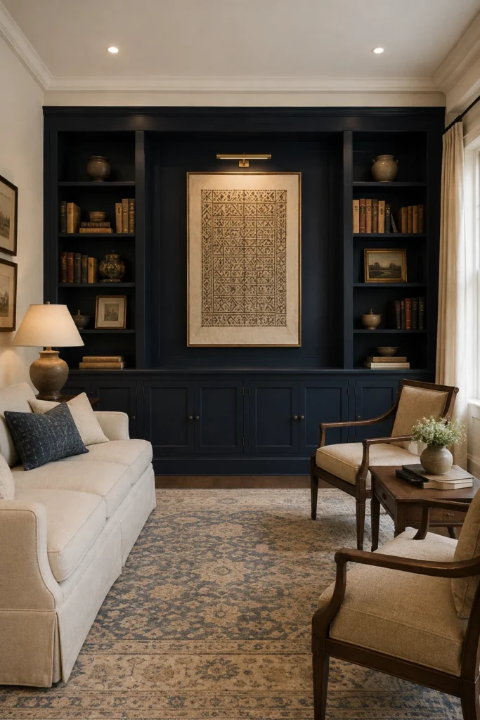 Deep navy built-in bookshelves and cabinets framing a large textile artwork in a formal living room.