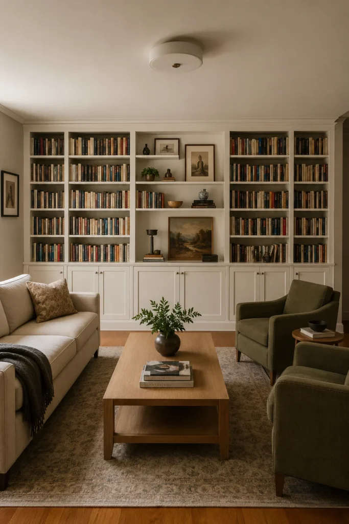 Warm-white built-in-style library wall created with matching stock bookcases and coordinated trim.