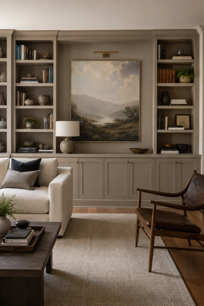 Living room built-in wall combining lower base cabinets, upper stock bookshelves, and a large central art niche.