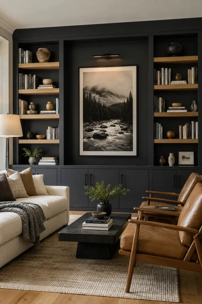 Contemporary charcoal built-in cabinets with pale oak shelves framing a large black-and-white photograph.