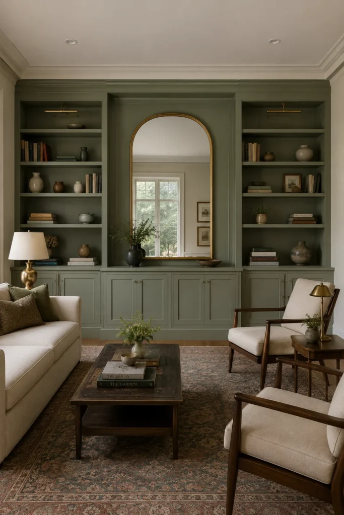 Soft-sage living room built-in bookshelves with lower cabinets and a large arched mirror in the center.