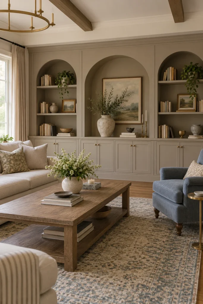 Built-in living room wall with three arched shelf openings, a central sculpture niche, and closed lower cabinets.