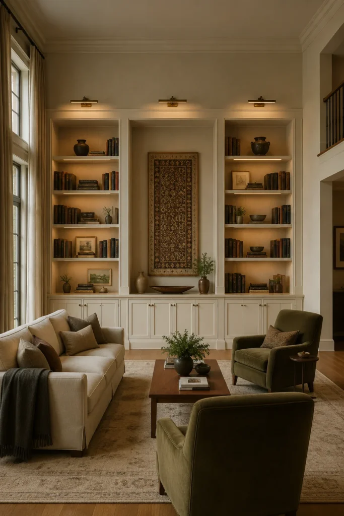 Tall warm-white built-in living room library wall with broad book bays, artwork, and substantial lower cabinets.