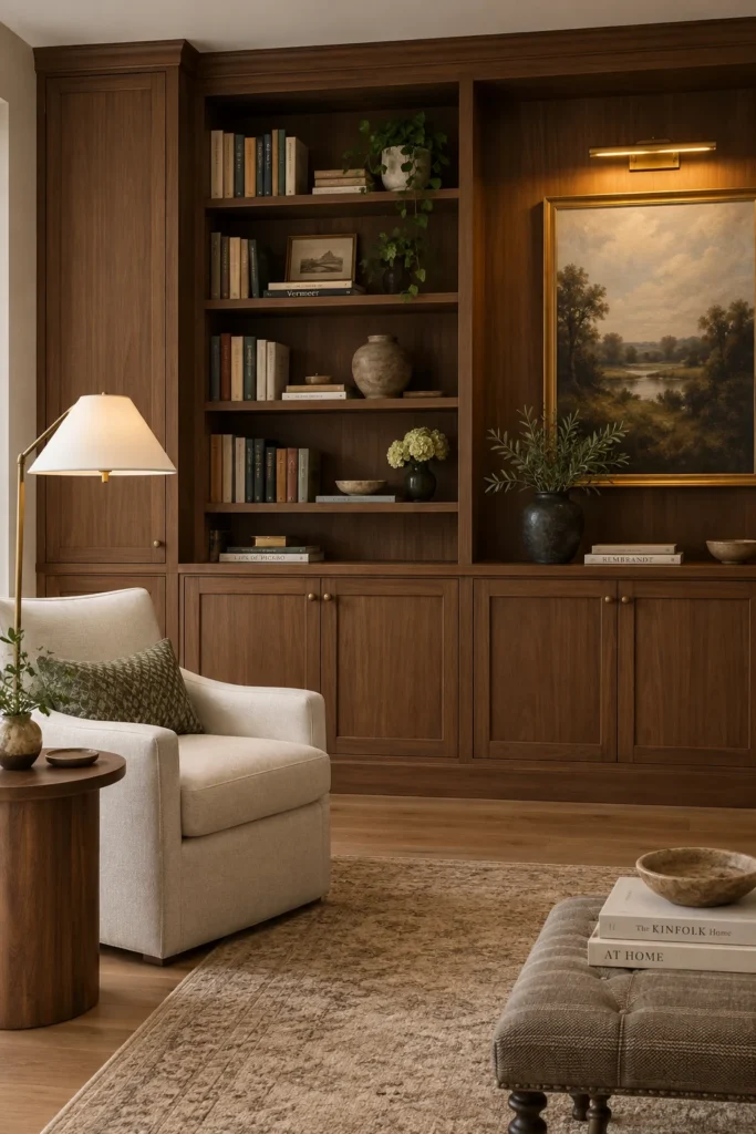 Asymmetrical walnut reading-room built-ins with a tall storage cabinet, open bookshelves, and an offset art niche.