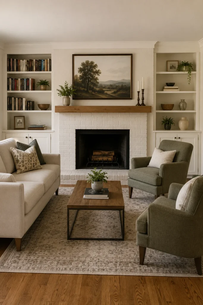 Small living room fireplace framed by shallow built-in alcove bookshelves and closed storage cabinets.
