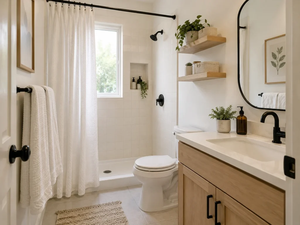 A layered all-white bathroom with warm white walls, textured towels, subtle tile variations, and natural wood accents.