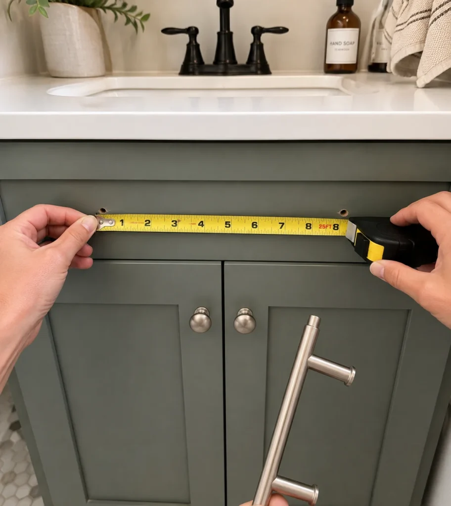 A bathroom vanity with updated cabinet knobs and pulls in a coordinated finish.